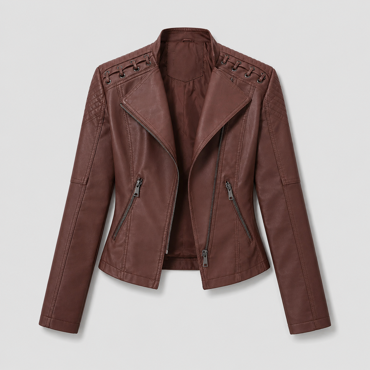 Jaqueta Couro Sintético Moto Biker Gola Alta Slim Chic Lenogue Marrom / p