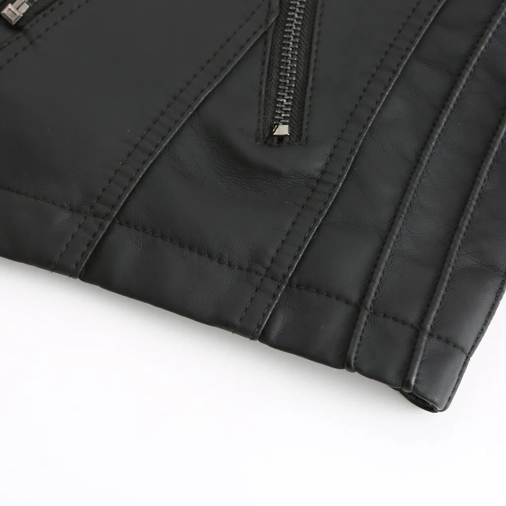 Jaqueta Couro Sintético Moto Biker Gola Alta Slim Chic Lenogue