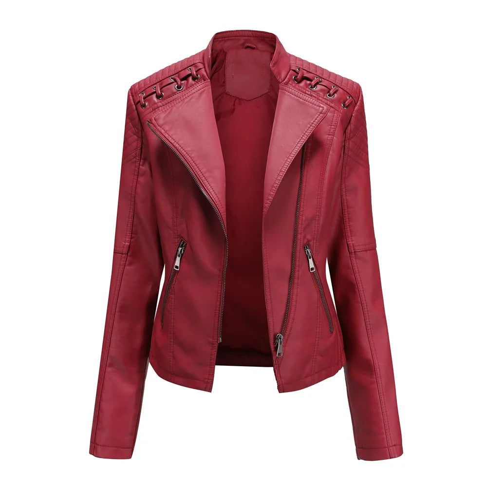 Jaqueta Couro Sintético Moto Biker Gola Alta Slim Chic Lenogue