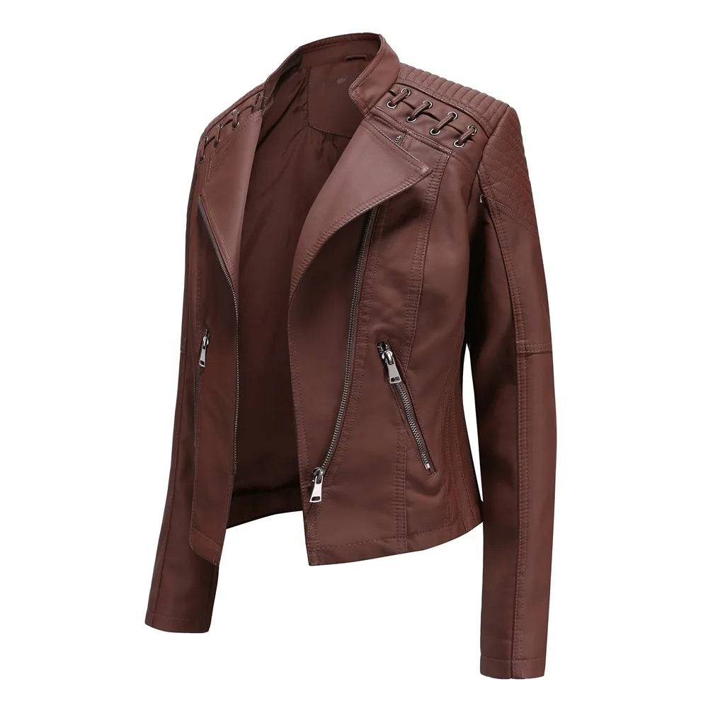 Jaqueta Couro Sintético Moto Biker Gola Alta Slim Chic Lenogue