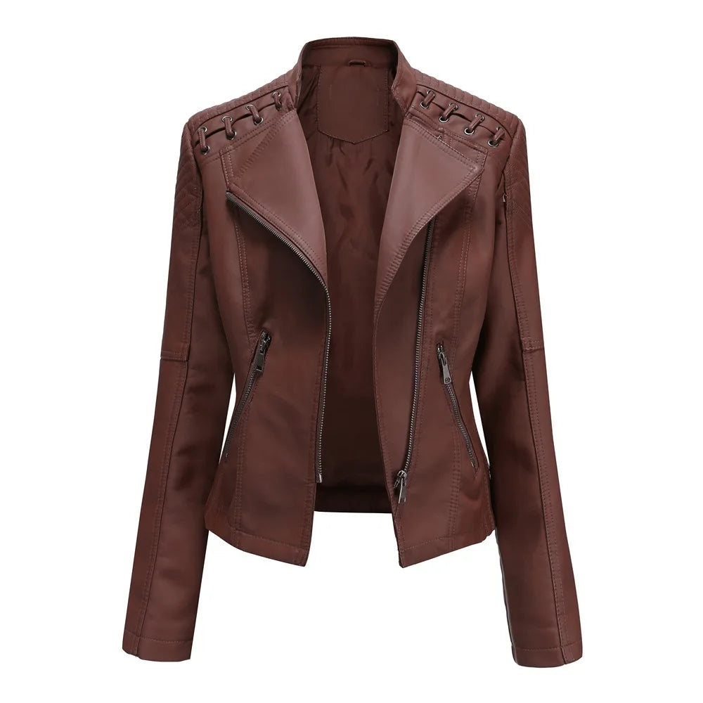 Jaqueta Couro Sintético Moto Biker Gola Alta Slim Chic Lenogue