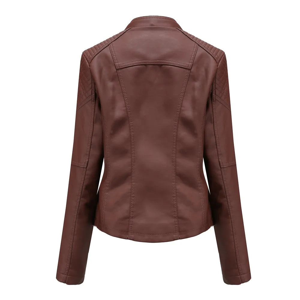 Jaqueta Couro Sintético Moto Biker Gola Alta Slim Chic Lenogue