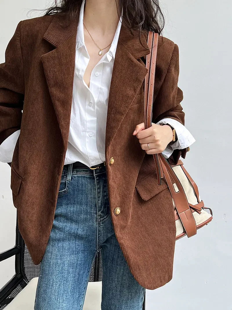 Blazer de Veludo Cotelê Marrom com Botões Vintage Raffiné Lenogue