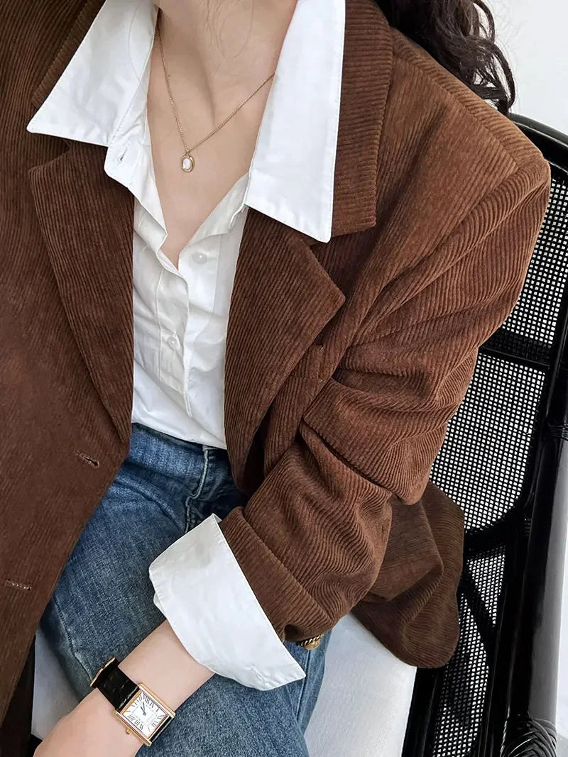 Blazer de Veludo Cotelê Marrom com Botões Vintage Raffiné Lenogue