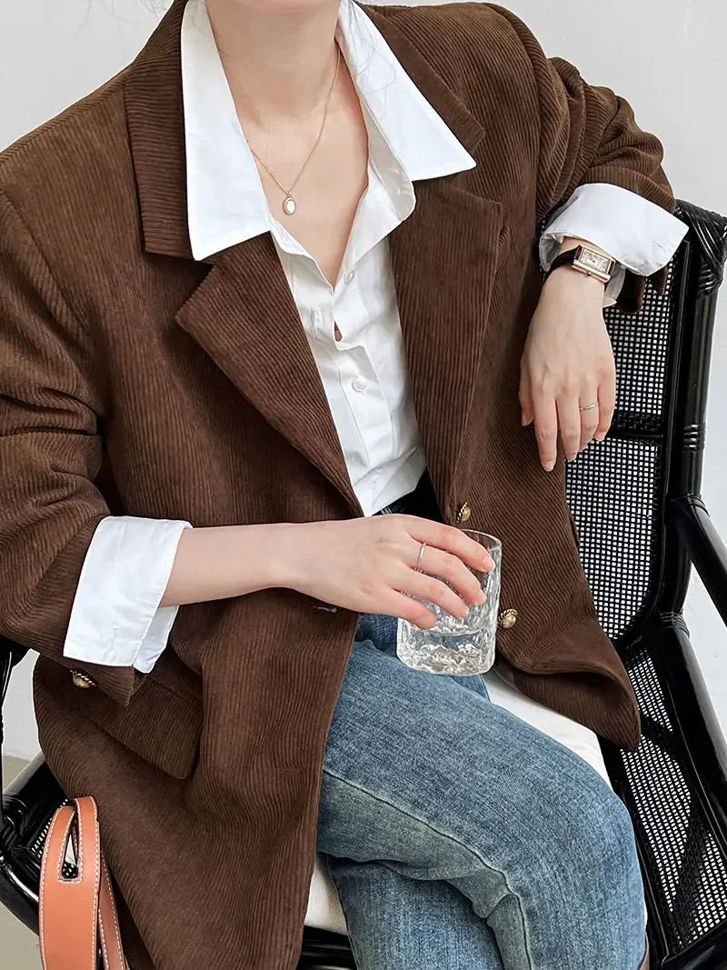 Blazer de Veludo Cotelê Marrom com Botões Vintage Raffiné Lenogue