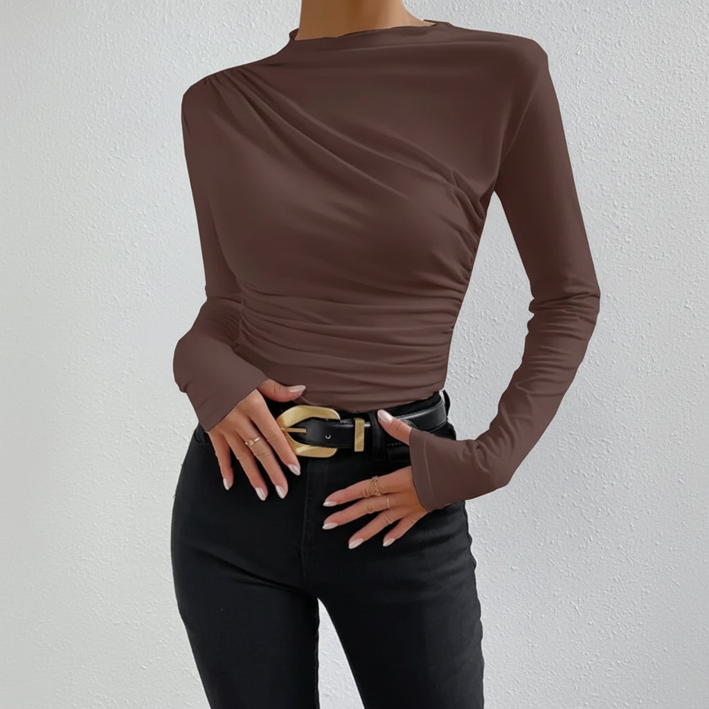 Blusa Básica Gola Redonda Manga Longa Malha com Elastano Lenogue Marrom / p