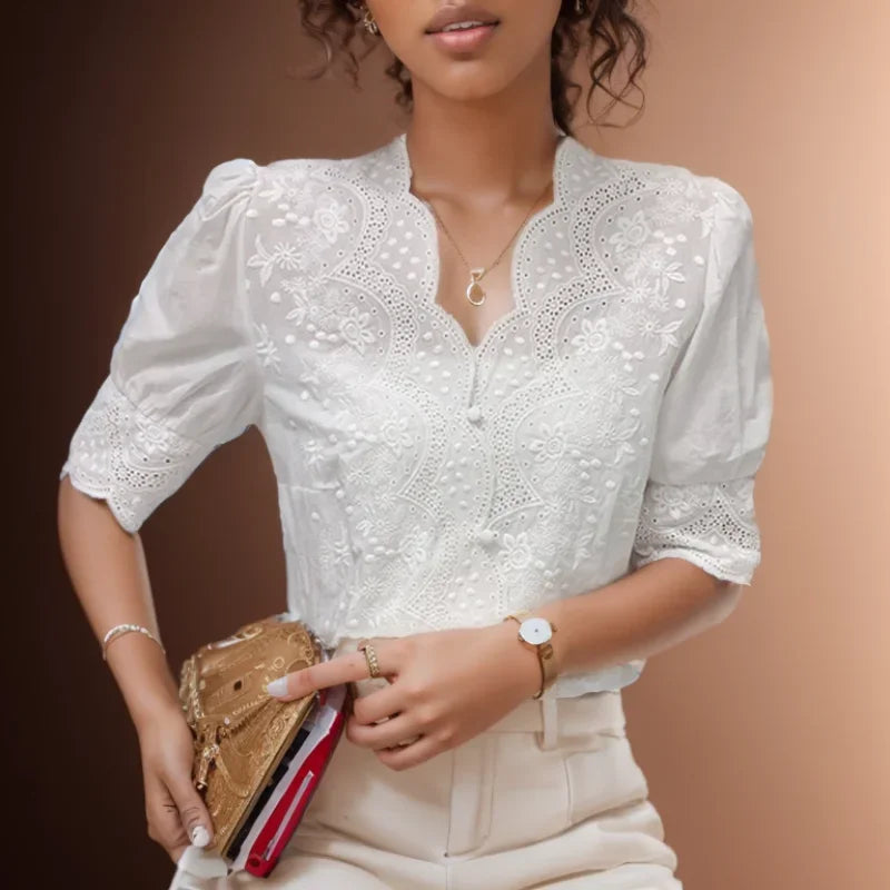 Blusa Casual em Algodão com Bordado e Manga Bufante Lenogue