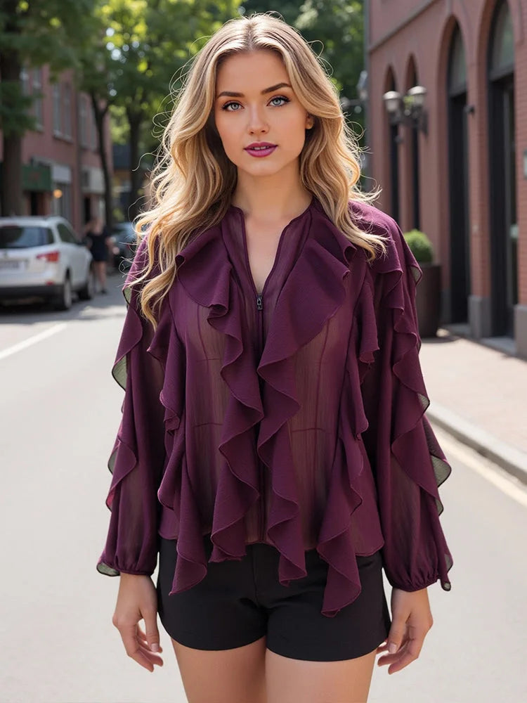 Blusa Casual em Chiffon com Babados e Manga Borboleta Lenogue