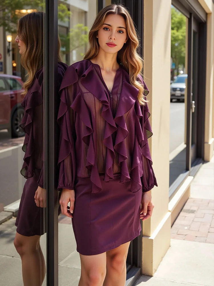 Blusa Casual em Chiffon com Babados e Manga Borboleta Lenogue