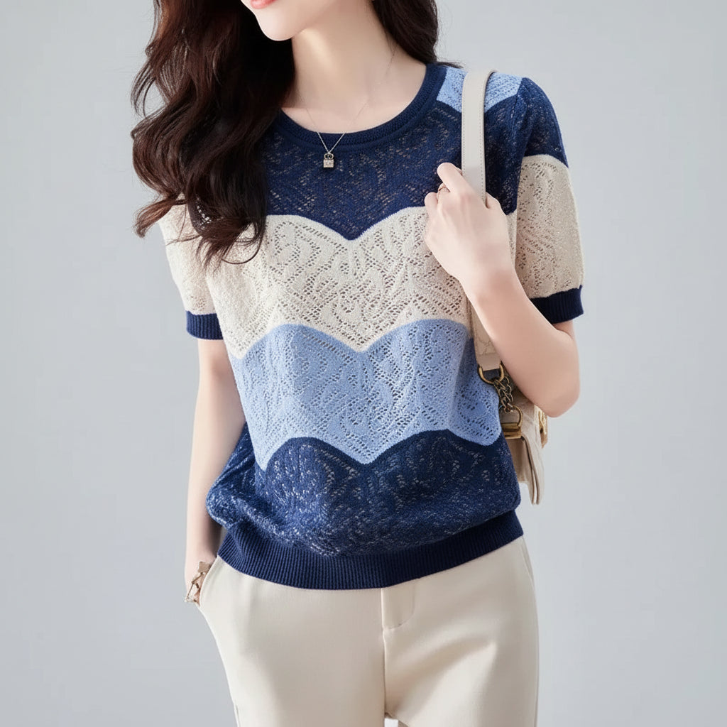 Blusa Casual em Tricot de Gaze com Transparência Lenogue Azul e Bege / p