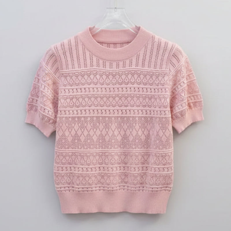 Blusa Casual em Tricot Vazado com Gola Redonda Lenogue Rosa / único (53 Cm)