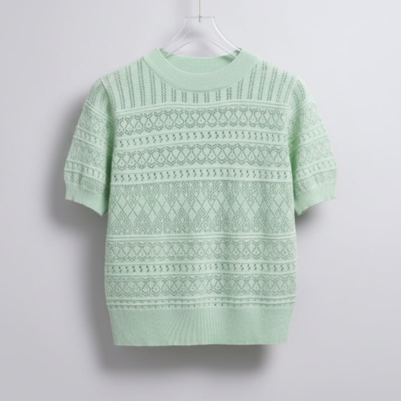 Blusa Casual em Tricot Vazado com Gola Redonda Lenogue Verde / único (53 Cm)