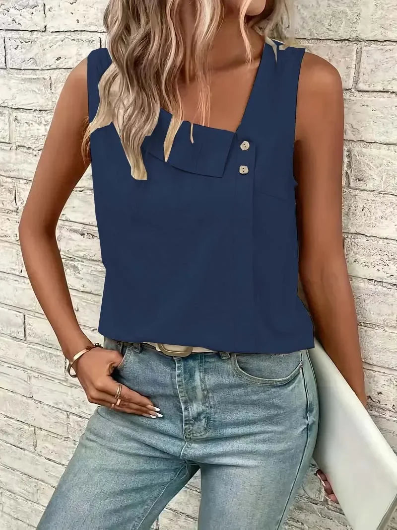 Blusa Casual Regata com Gola Assimétrica Lenogue