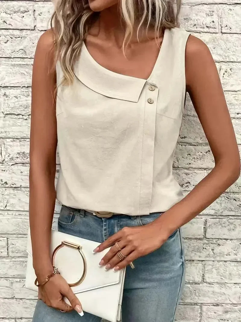 Blusa Casual Regata com Gola Assimétrica Lenogue Bege / p