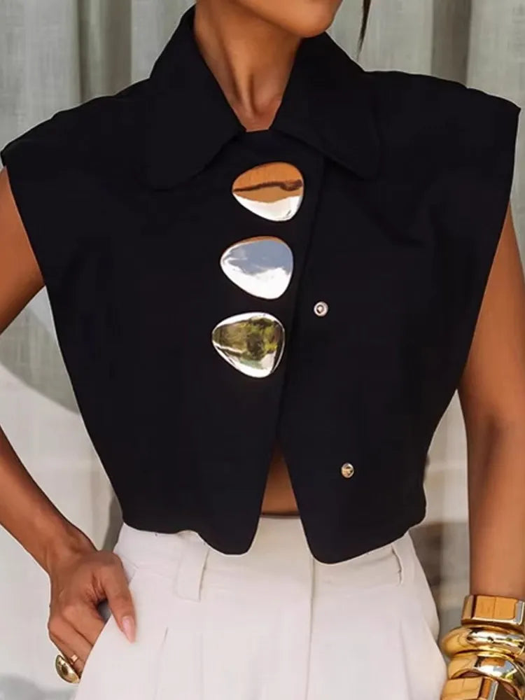 Blusa Curta com Paetês e Gola de Lapela Soirée Lenogue
