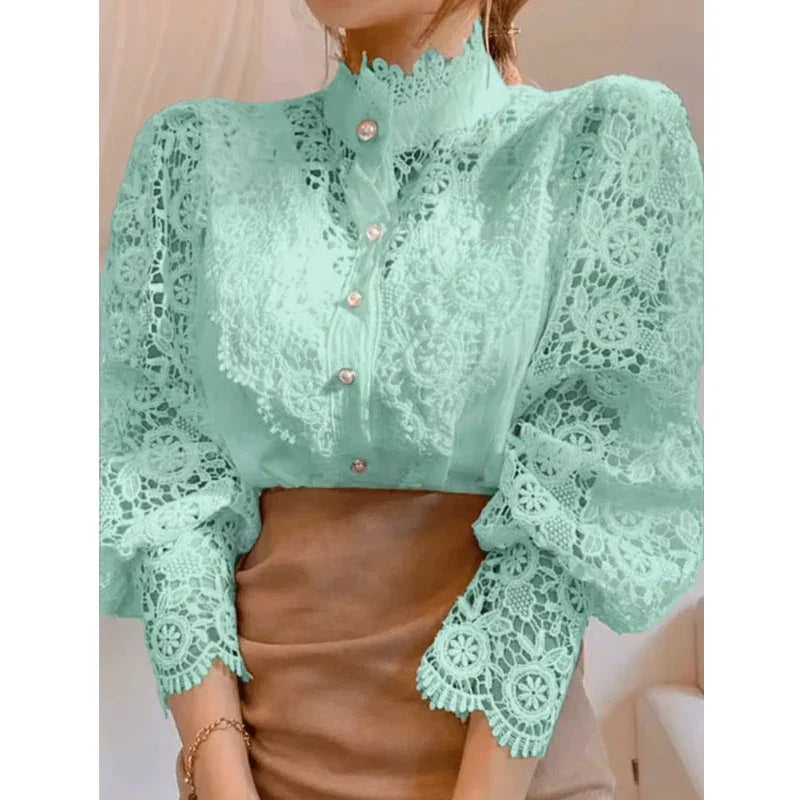 Blusa de Algodão com Renda Gola Alta para Escritório Lenogue