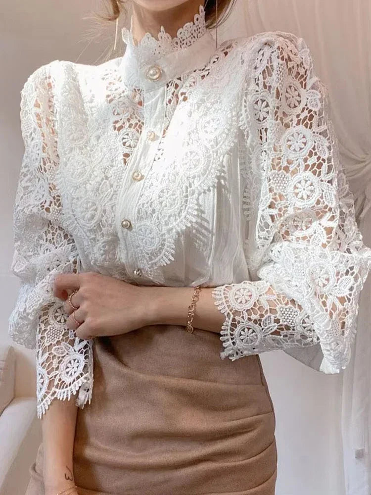 Blusa de Algodão com Renda Gola Alta para Escritório Lenogue