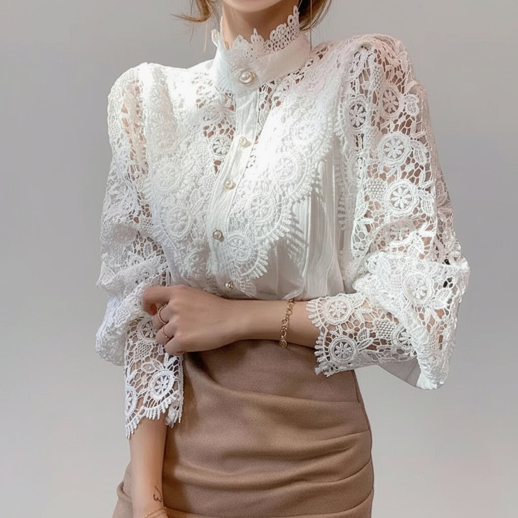 Blusa de Algodão com Renda Gola Alta para Escritório Lenogue Branco / p