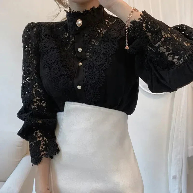 Blusa de Algodão com Renda Gola Alta para Escritório Lenogue Preto / p
