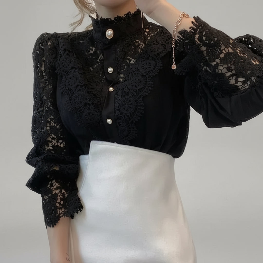 Blusa de Algodão com Renda Gola Alta para Escritório Lenogue Preto / p