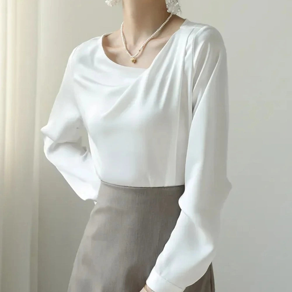 Blusa de Cetim com Gola Inclinada e Manga Longa Branco Élégant Lenogue