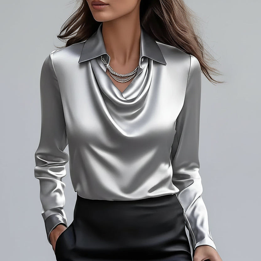 Blusa de Cetim Gola Camiseira Decote Drapeado Lenogue Cinza / Pp