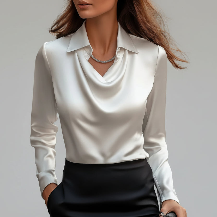 Blusa de Cetim Gola Camiseira Decote Drapeado Lenogue Branco / Pp