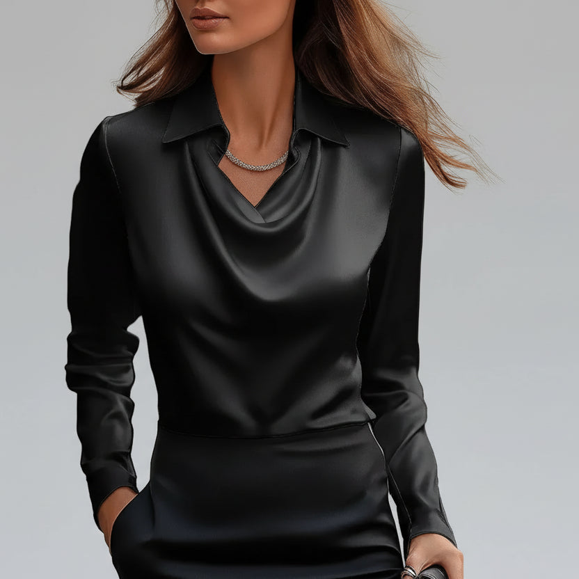 Blusa de Cetim Gola Camiseira Decote Drapeado Lenogue Preto / Pp