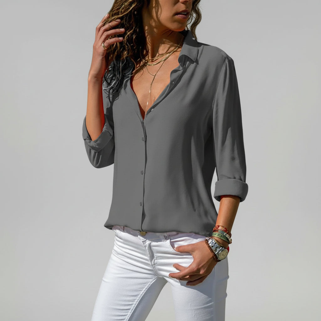 Blusa de Chiffon Gola v Manga Longa Modelagem Solta Lenogue Cinza / p