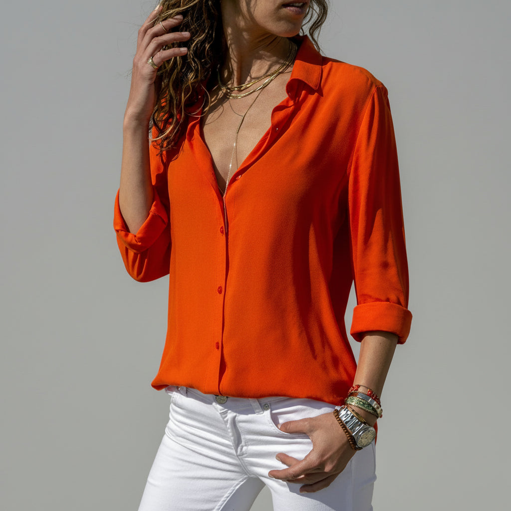 Blusa de Chiffon Gola v Manga Longa Modelagem Solta Lenogue Vermelho / p