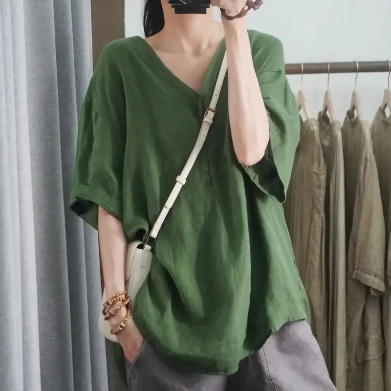 Blusa de Chiffon Gola v Modelagem Solta Manga Três Quartos Lenogue Verde / m