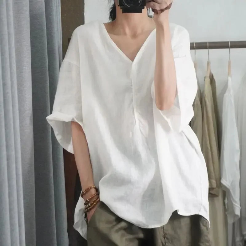 Blusa de Chiffon Gola v Modelagem Solta Manga Três Quartos Lenogue Branco / m