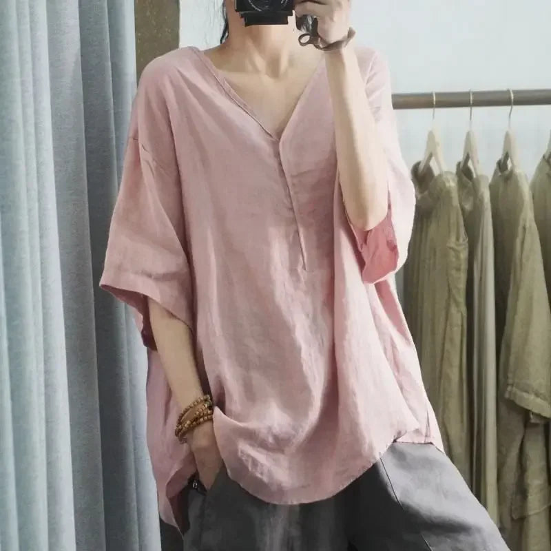 Blusa de Chiffon Gola v Modelagem Solta Manga Três Quartos Lenogue Rosa / m