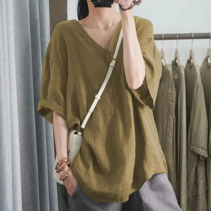 Blusa de Chiffon Gola v Modelagem Solta Manga Três Quartos Lenogue Caqui / m