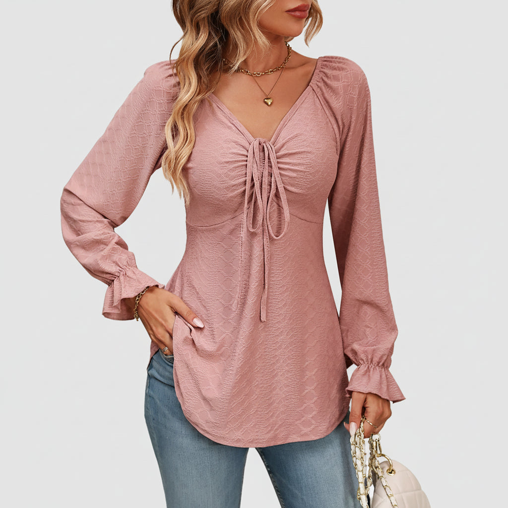 Blusa de Malha com Elastano Gola v Amarração na Cintura Lenogue Rosa / p