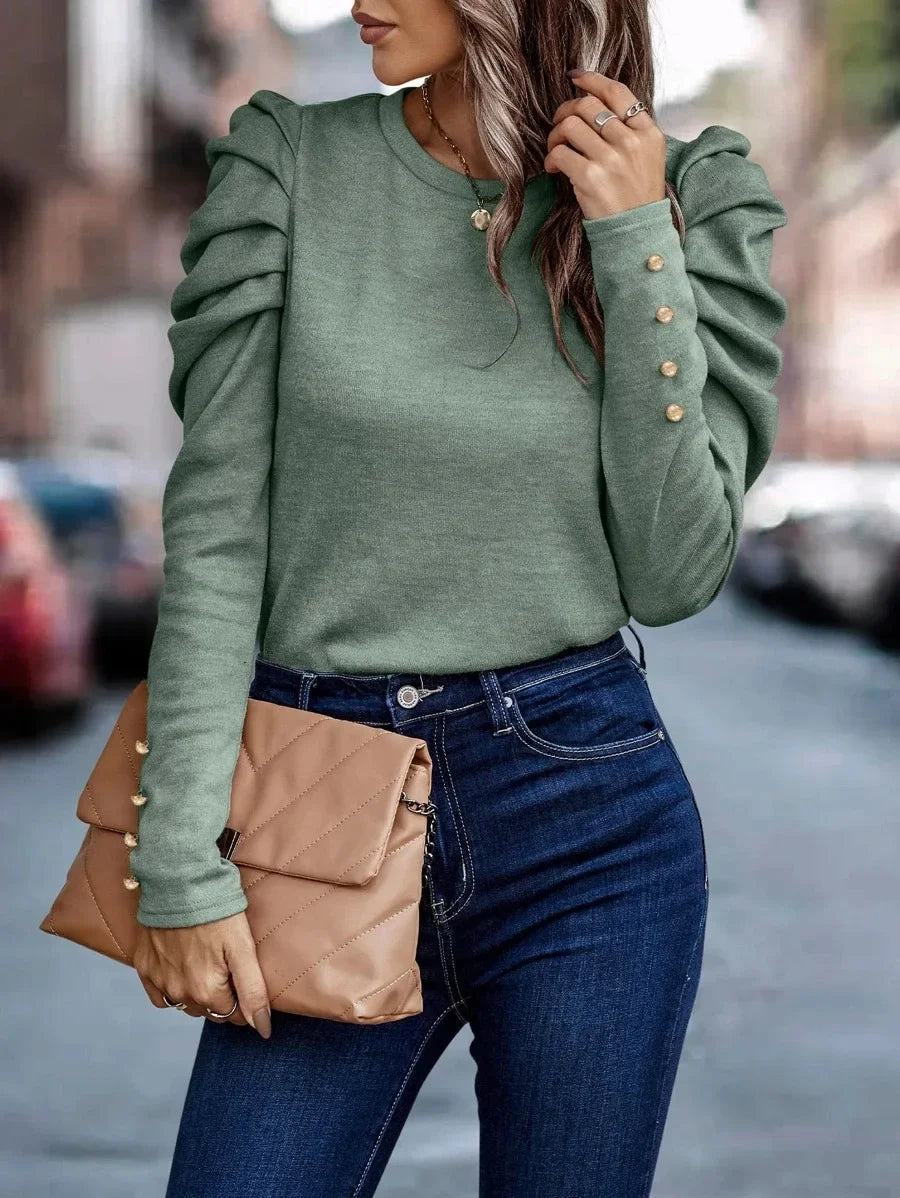 Blusa de Malha com Elastano Manga Bufante Lenogue
