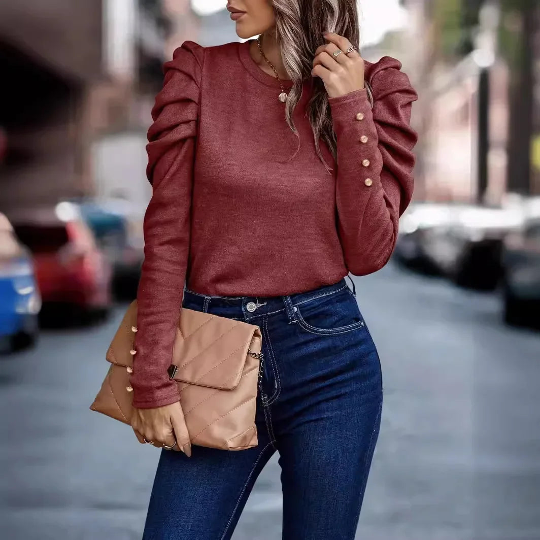Blusa de Malha com Elastano Manga Bufante Lenogue