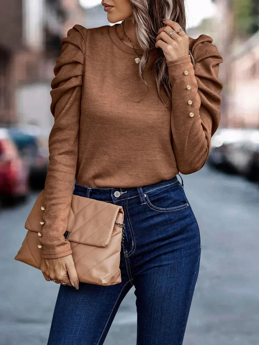 Blusa de Malha com Elastano Manga Bufante Lenogue