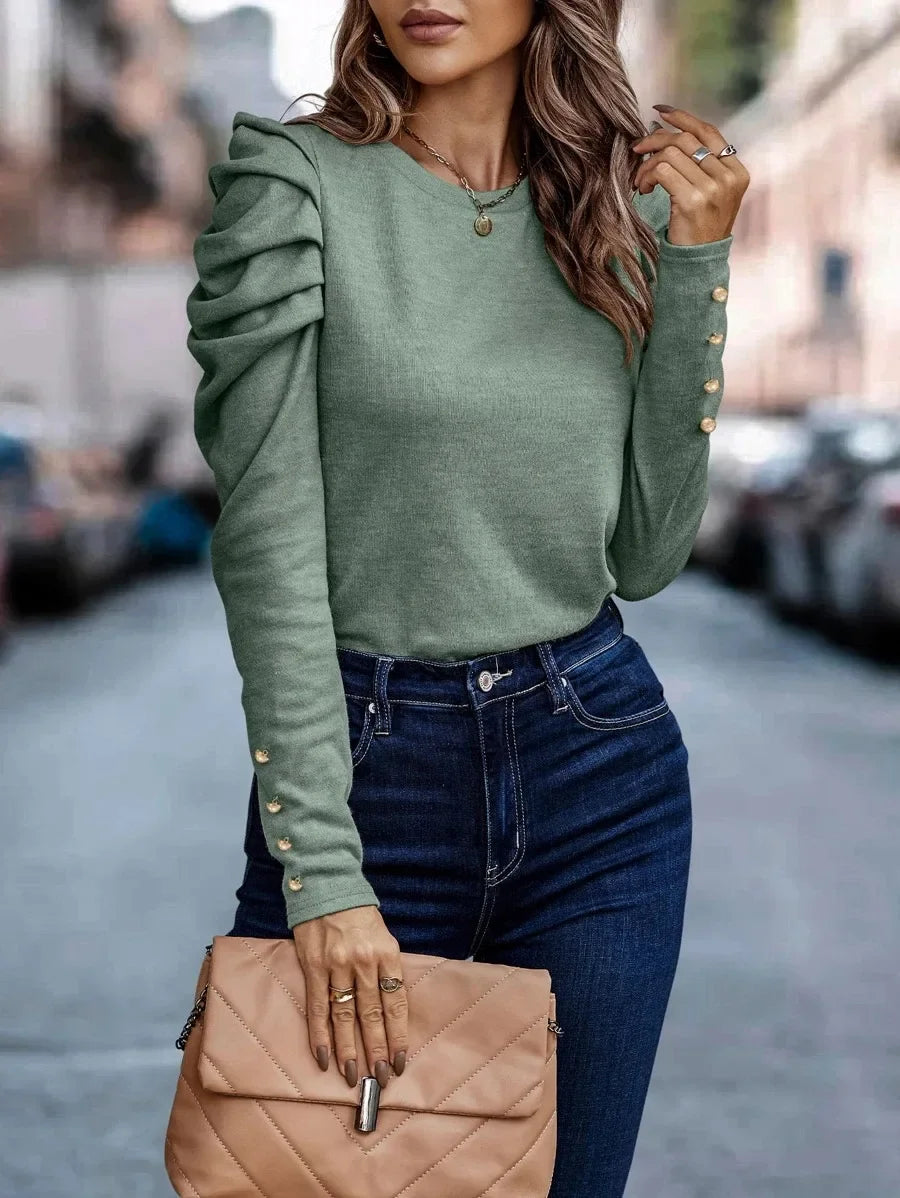 Blusa de Malha com Elastano Manga Bufante Lenogue