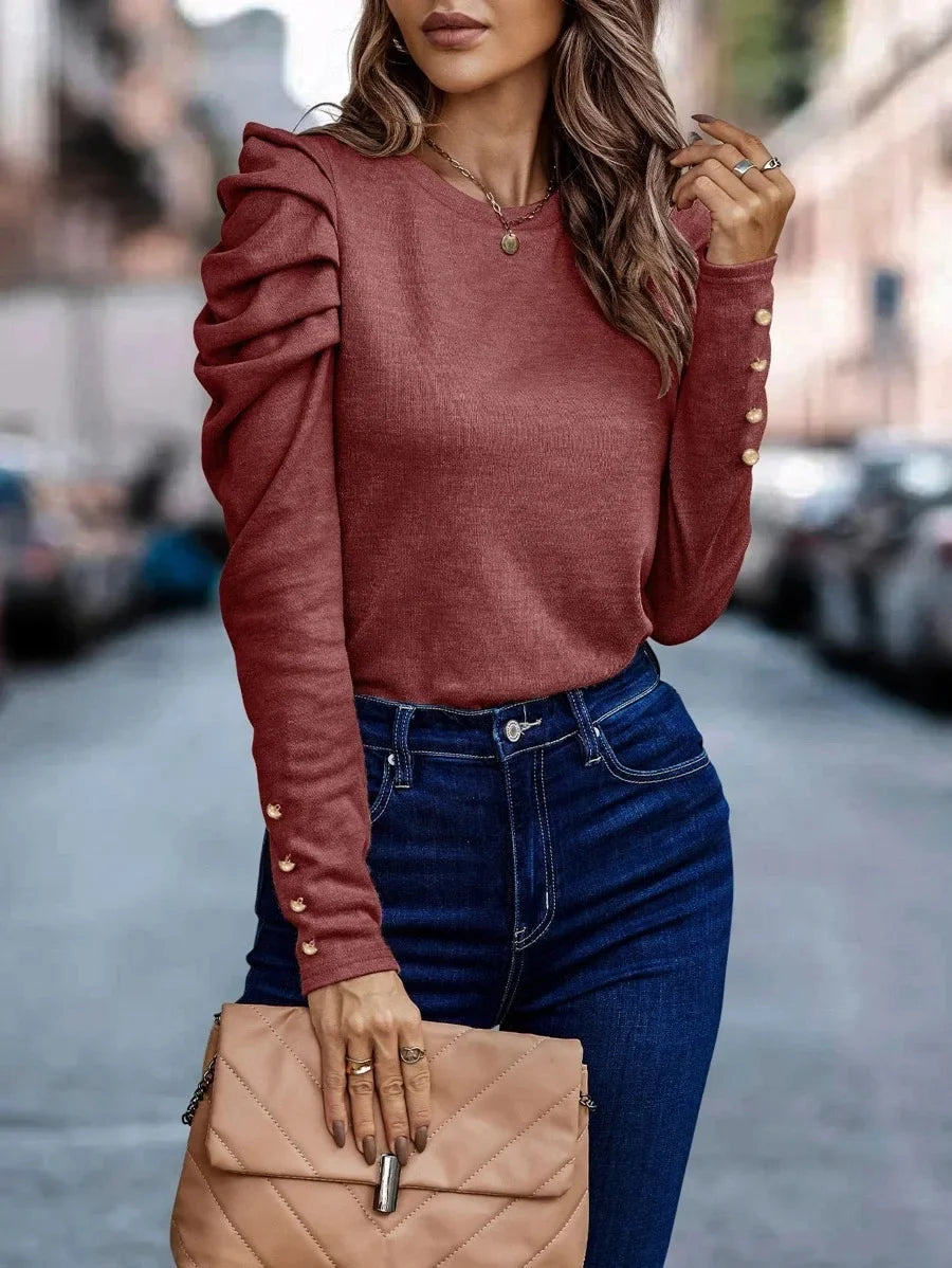 Blusa de Malha com Elastano Manga Bufante Lenogue