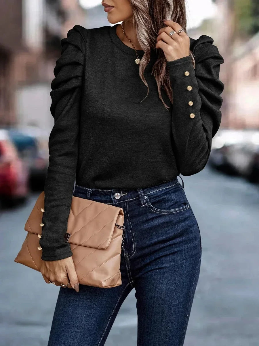 Blusa de Malha com Elastano Manga Bufante Lenogue