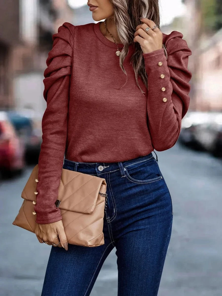 Blusa de Malha com Elastano Manga Bufante Lenogue