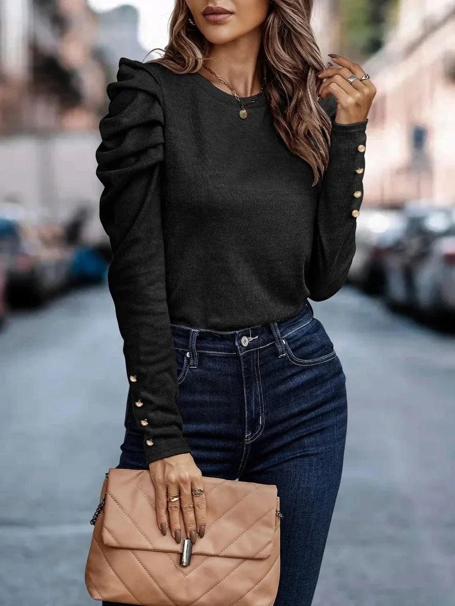 Blusa de Malha com Elastano Manga Bufante Lenogue