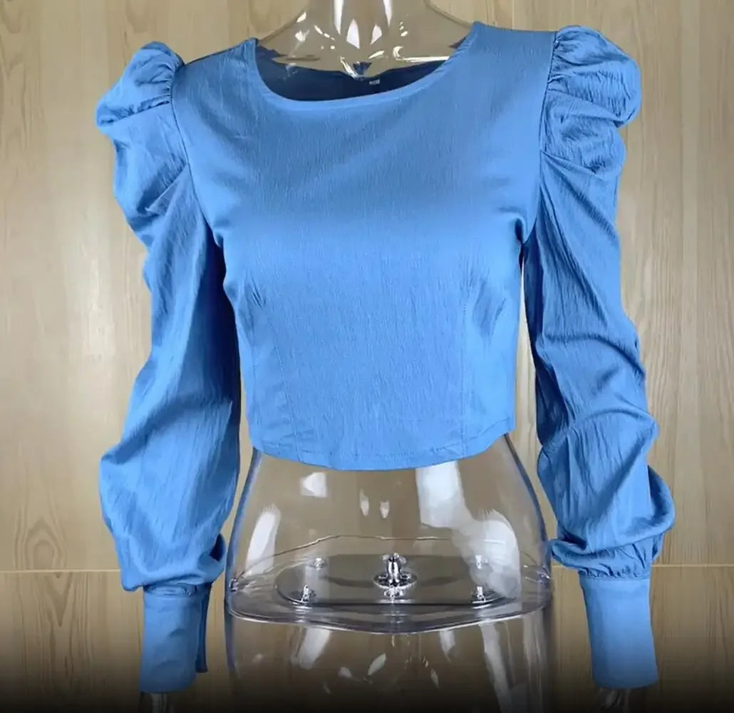 Blusa de Poliéster com Manga Bufante Corset Azul Denim Lenogue