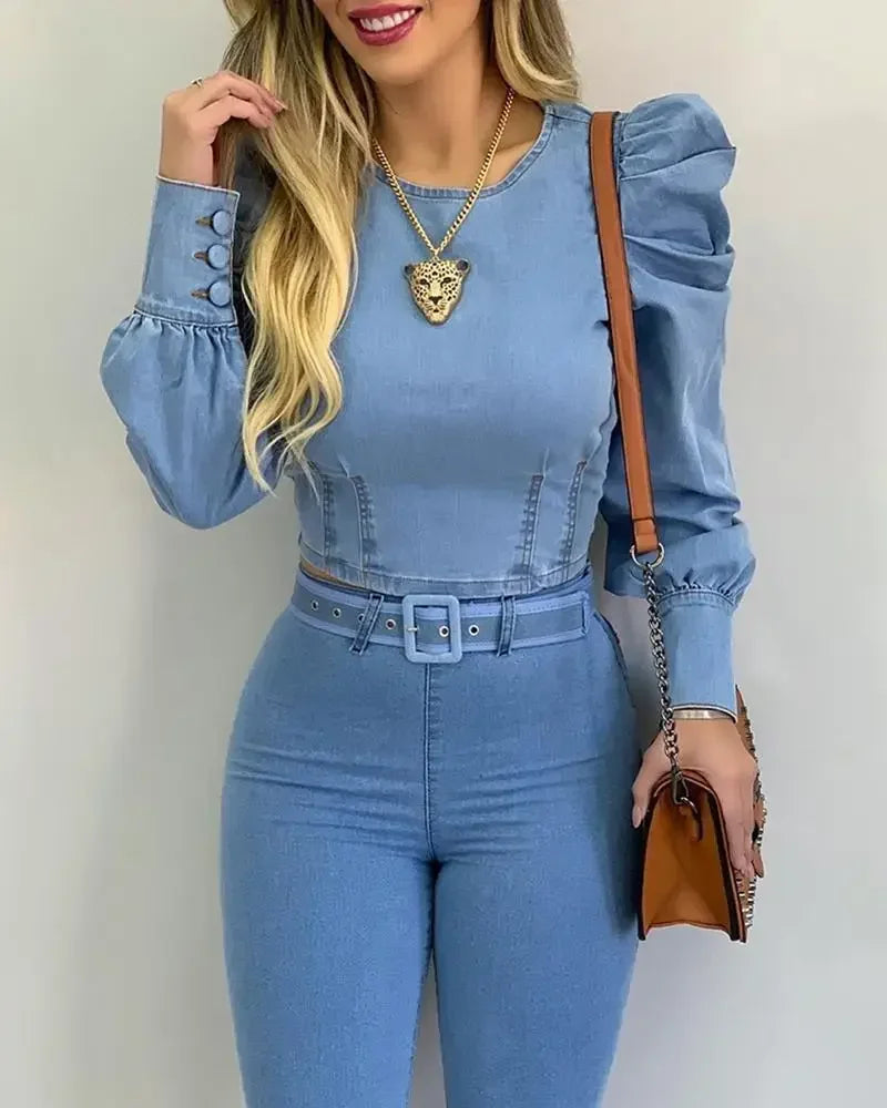 Blusa de Poliéster com Manga Bufante Corset Azul Denim Lenogue