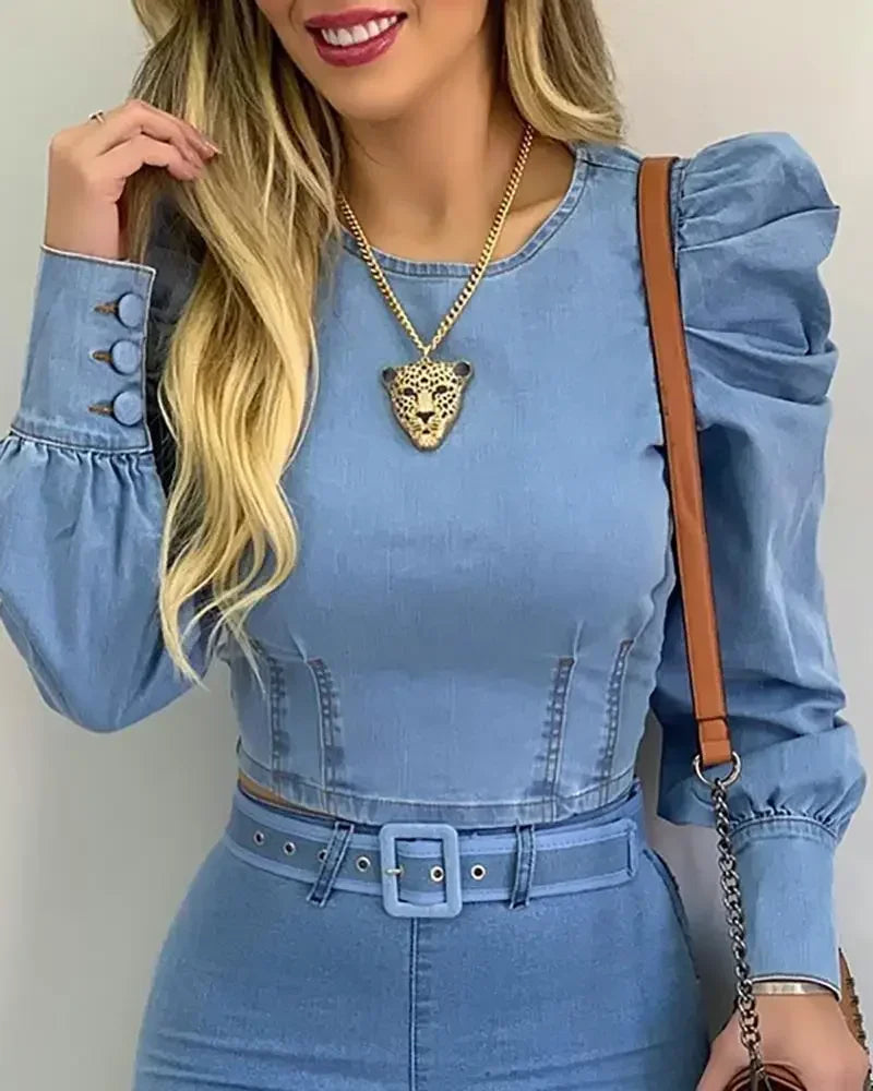 Blusa de Poliéster com Manga Bufante Corset Azul Denim Lenogue