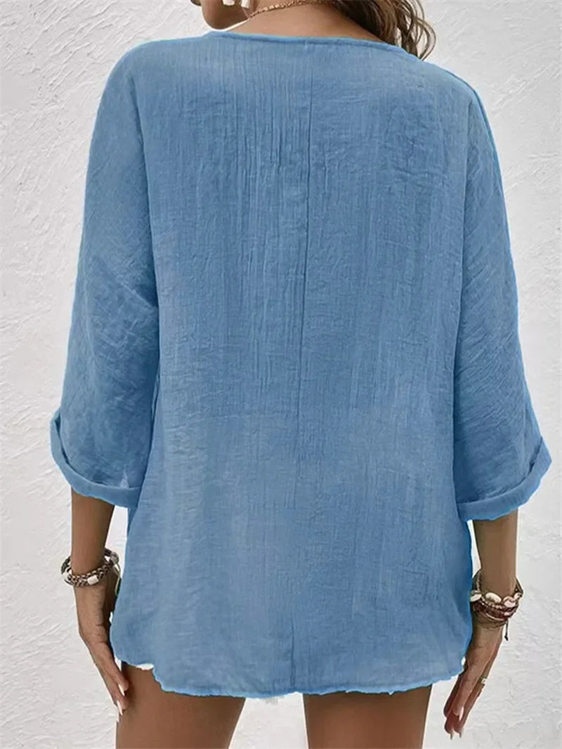 Blusa de Poliéster Gola v com Botões Manga Longa Lenogue