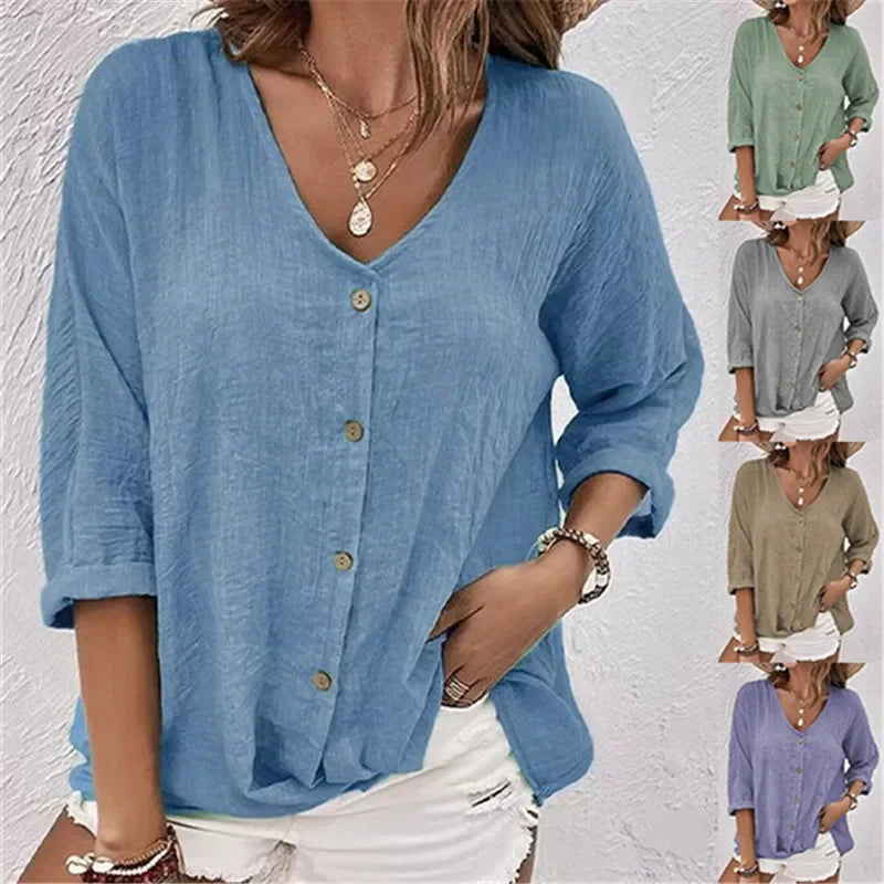 Blusa de Poliéster Gola v com Botões Manga Longa Lenogue
