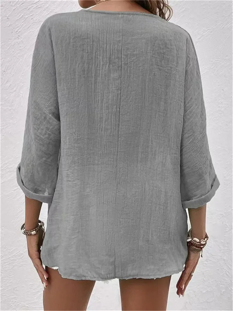 Blusa de Poliéster Gola v com Botões Manga Longa Lenogue