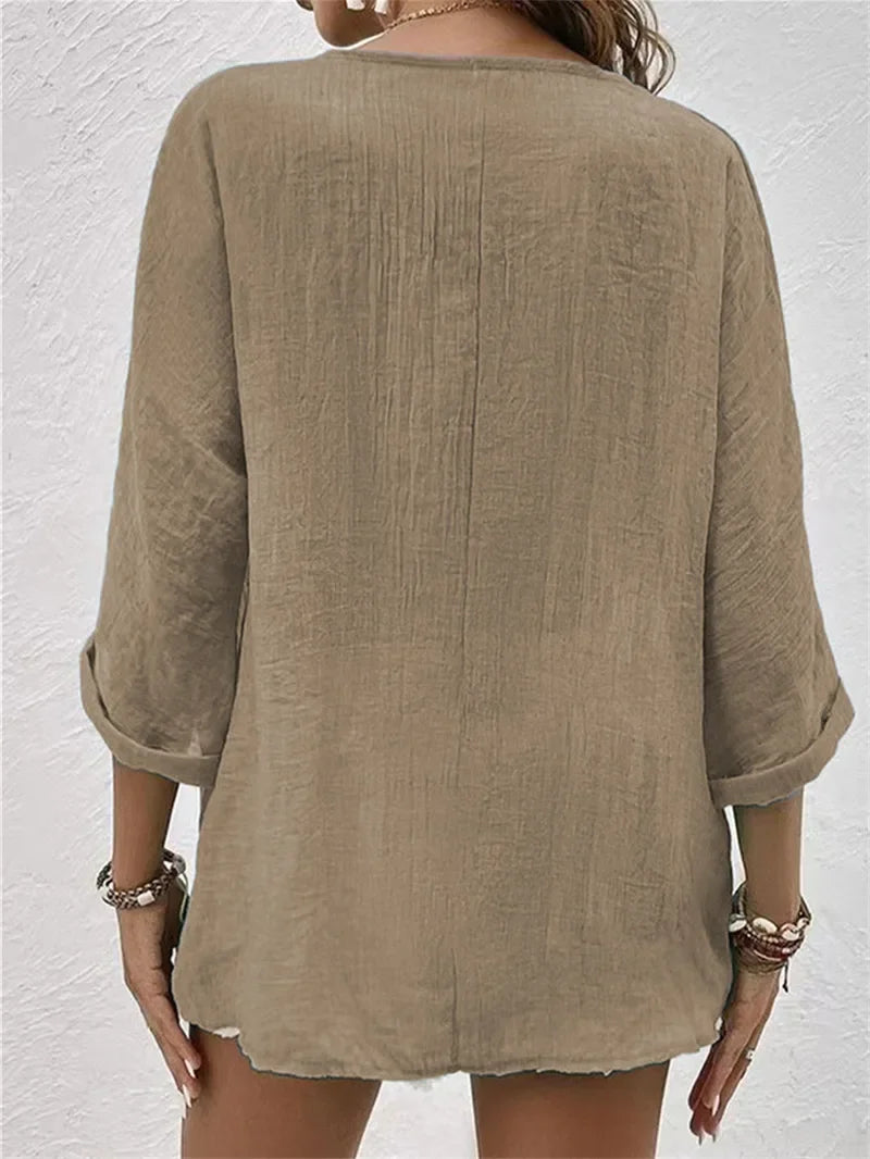 Blusa de Poliéster Gola v com Botões Manga Longa Lenogue